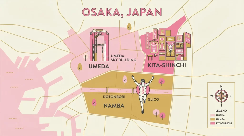 An illustrated map depicting three areas of Osaka: Umeda, Namba, and Kitashinchi.