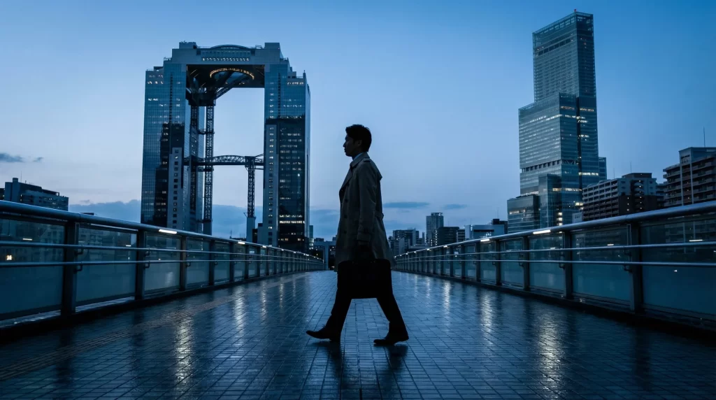A silhouette of a businessman-like man walking against the backdrop of Osaka's skyscrapers (Umeda Sky Building and Abeno Harukas).
