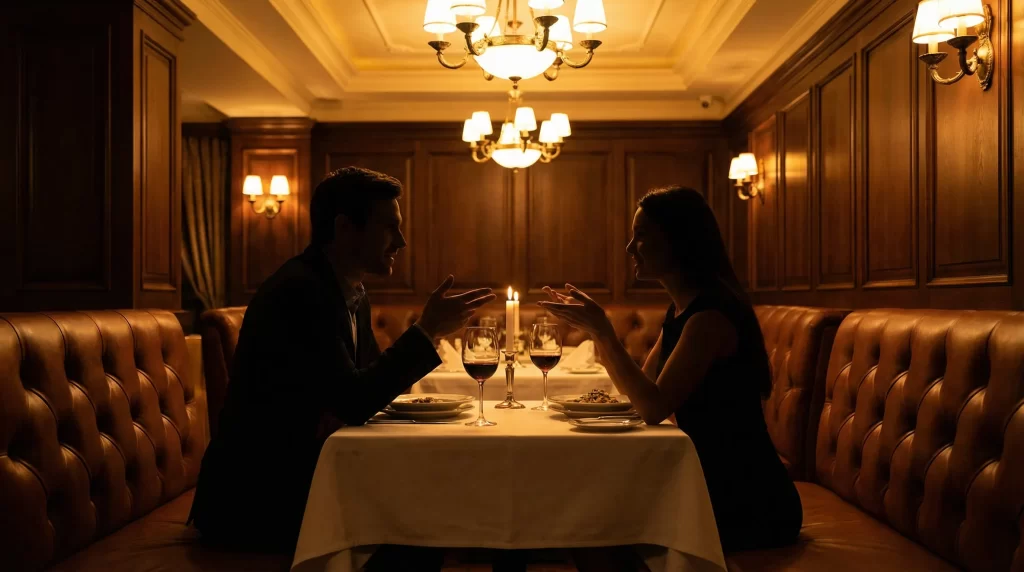 The silhouettes of a man and a woman enjoying a meal across from each other, with food laid out on a table in a high-end restaurant.