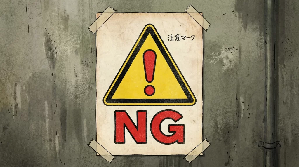 An illustration with a warning sign and the word "NG" (Not Allowed).