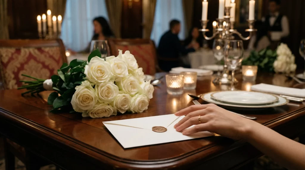 高級レストランのテーブルに置かれた白い封筒と花束