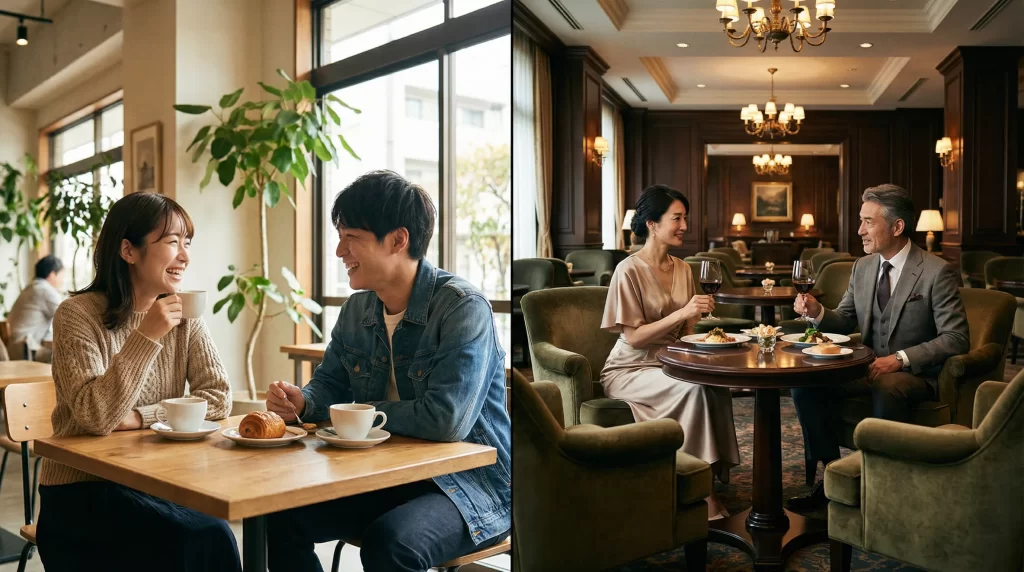 左側にカジュアルなカフェでの食事風景、右側に高級ホテルのラウンジでのデート風景