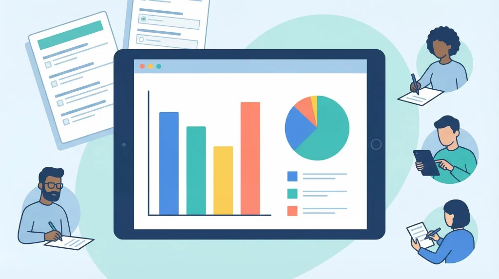 アンケート調査のグラフや数値データが表示されたタブレット画面