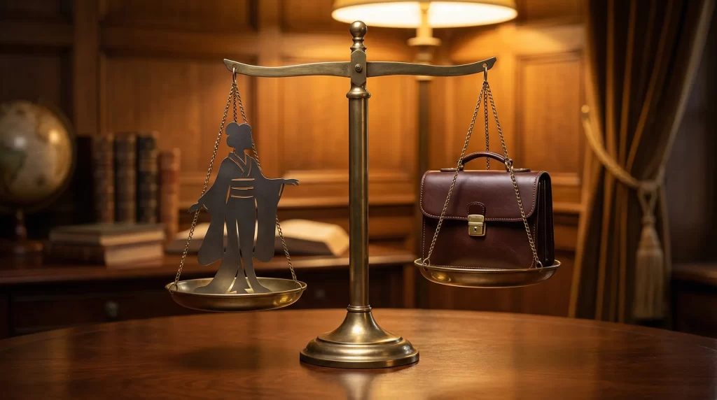 天秤の片方に「女性の魅力」を象徴するドレスアップした女性のシルエット、もう片方に「男性の年収」を象徴するビジネスバッグ。
