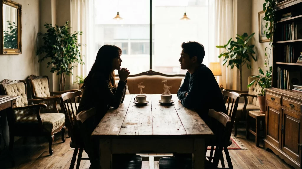 カフェで向かい合って座る男女のシルエット（顔は映さない）