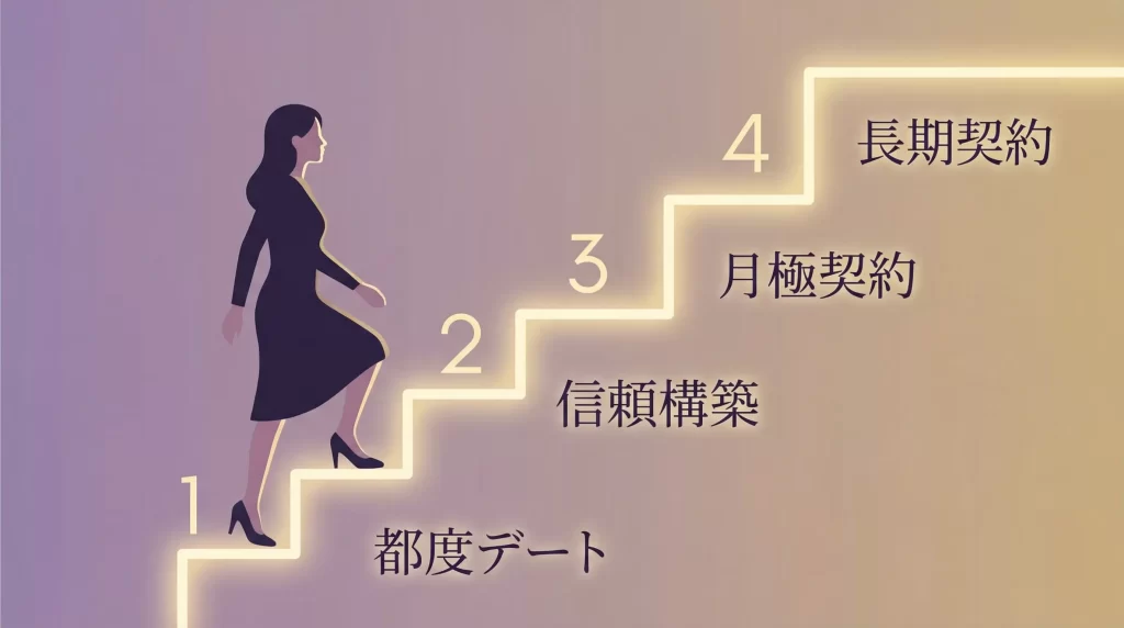 ステップアップのイメージ。階段を一段ずつ上る女性のシルエット