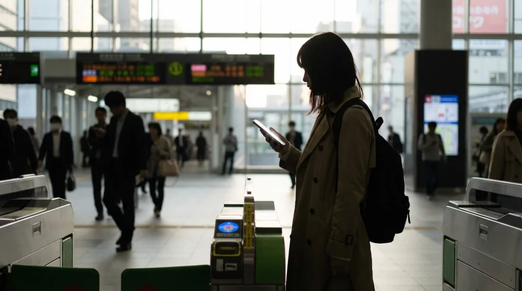 駅の改札付近で待ち合わせをする女性のシルエット