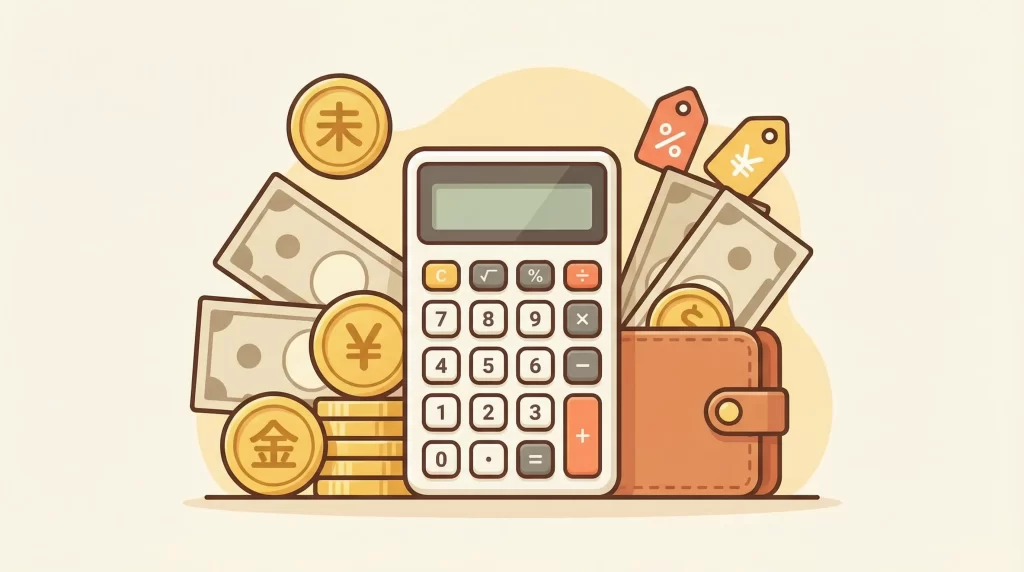 お財布と紙幣、電卓のフラットレイ