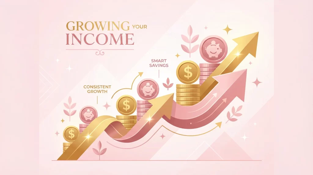 上向きの矢印とコインのアイコンが組み合わさったインフォグラフィック風イラスト