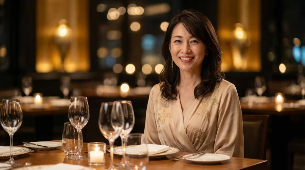 40代の上品な女性がレストランのテーブルで微笑んでいる