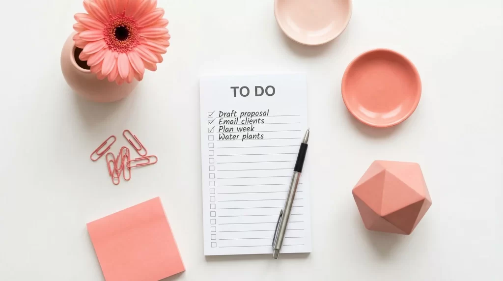 チェックリストとペンが置かれたデスクの俯瞰