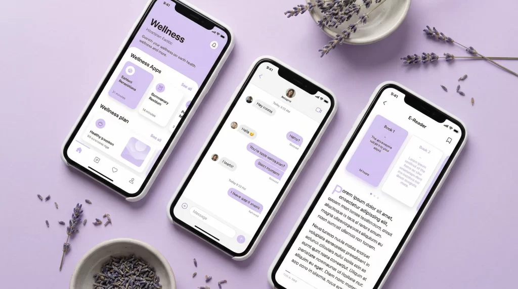 複数のスマートフォン画面にアプリのインターフェースが表示されている