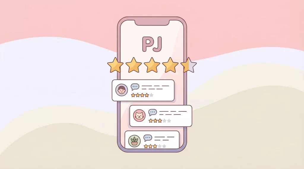 口コミを分析するイメージ。吹き出しの中に星マークや顔アイコンが並ぶ、レビュー分析のイラスト。