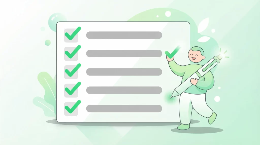 メリットを示すチェックリストのイラスト。緑色のチェックマークが5つ並んでいるデザイン。