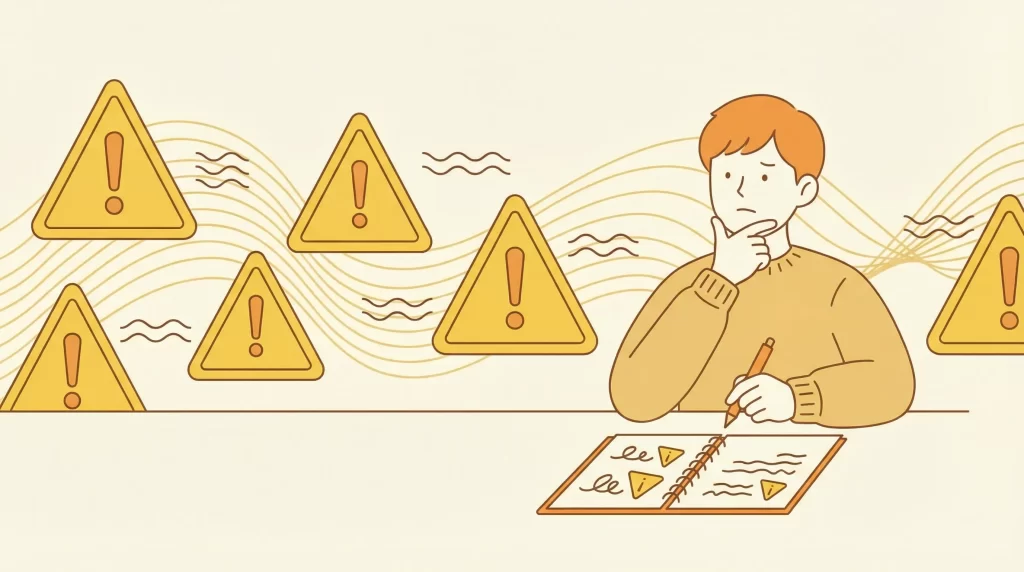 デメリットや注意点を示す、黄色い三角形の注意マークが並んだイラスト