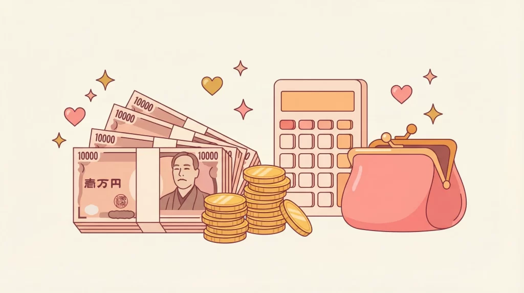 お金と電卓のイラスト。