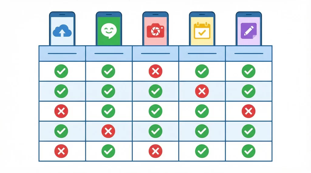 5つのアプリを比較する表形式のイラスト。