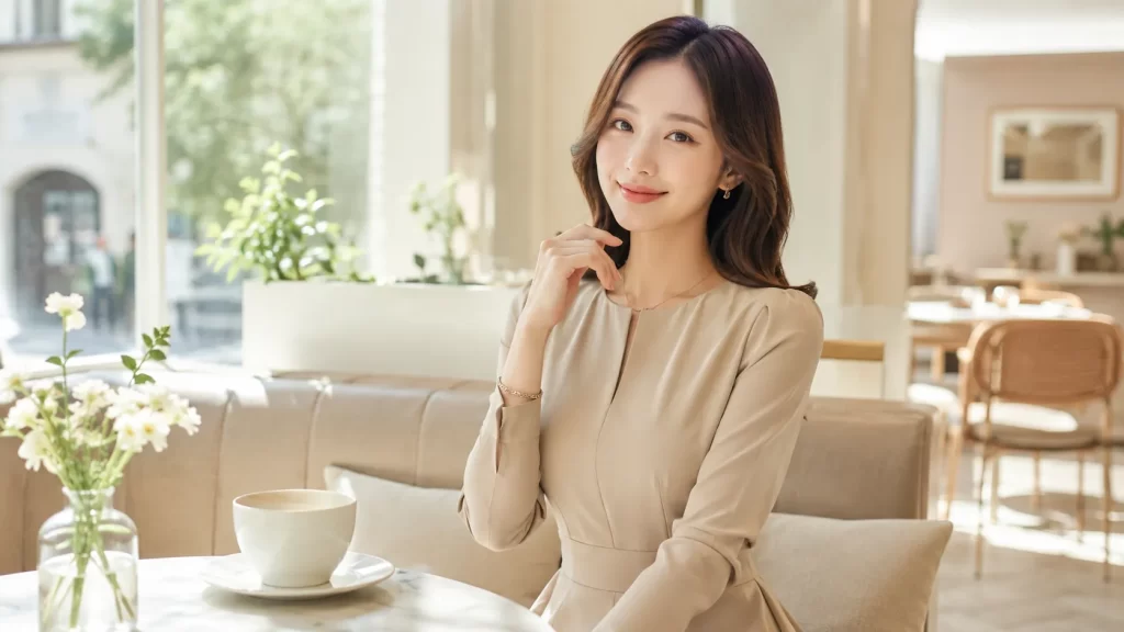 清楚なベージュのワンピースを着た20代後半の女性が、明るいカフェで穏やかに微笑む様子。