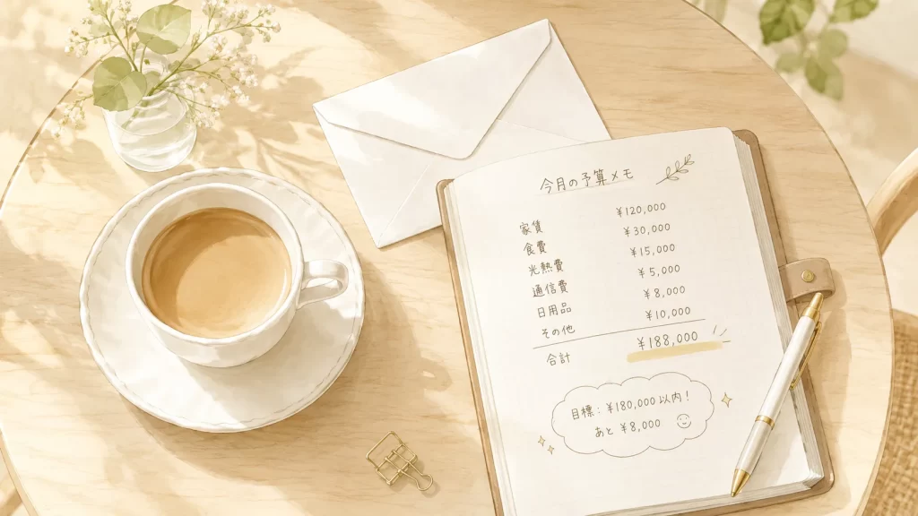 カフェのテーブルに置かれたコーヒーカップと白い封筒、手帳にメモされた金額を俯瞰で写した上品で明るいイラスト