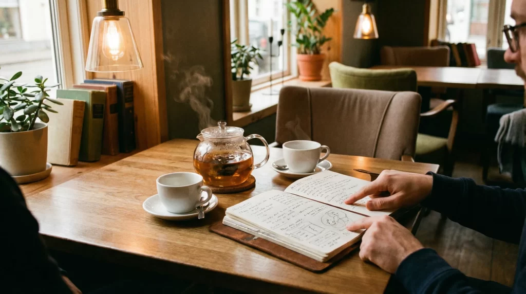 おしゃれなカフェのテーブルに紅茶とメモ帳が置かれ、条件を話し合っているイメージ。温かみのある照明。