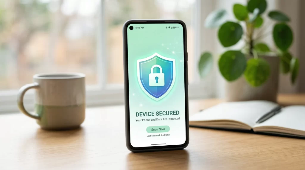 スマートフォンの画面にセキュリティシールド（鍵マーク）が表示されている構図