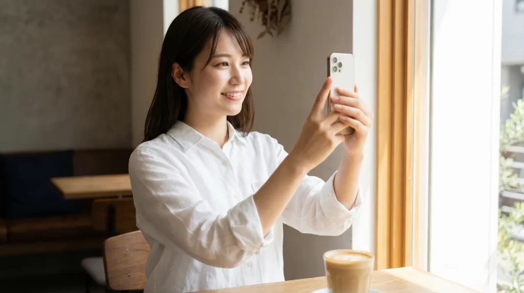 パパ活のプロフィール写真を撮影するために、カフェでスマートフォンの自撮りカメラを調整する女性。