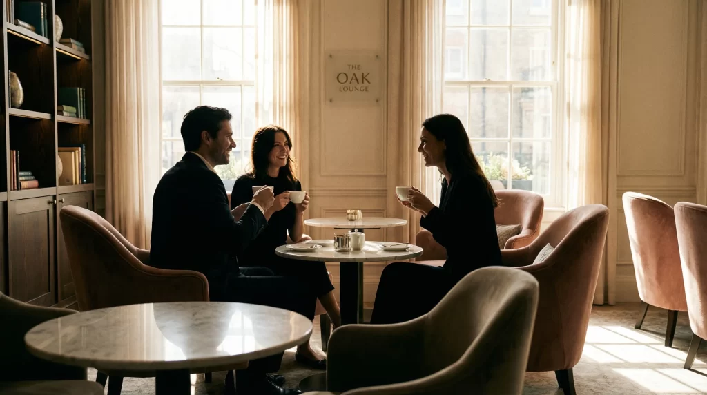 ホテルラウンジの明るいカフェエリアで、紅茶を片手に談笑するイメージ。上品で落ち着いた雰囲気。