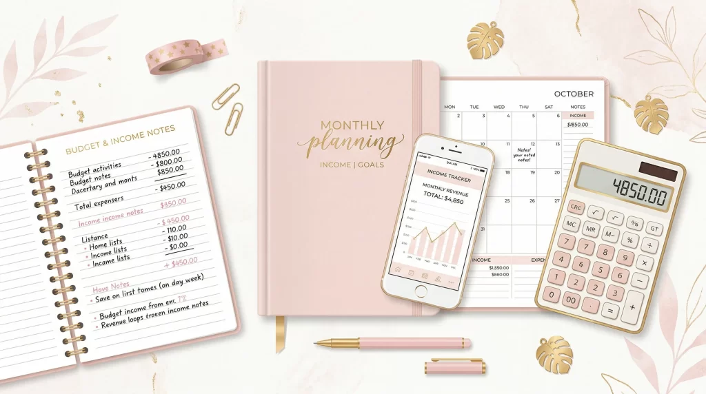 電卓とノートの上に手帳やスマートフォンが置かれ、月の収入計画をイメージさせるフラットレイ写真風イラスト