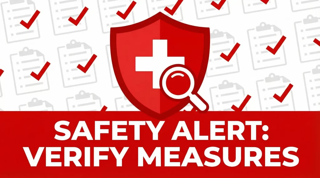 安全対策を示すイラスト。盾と虫めがねのアイコンが中央、チェックリスト背景