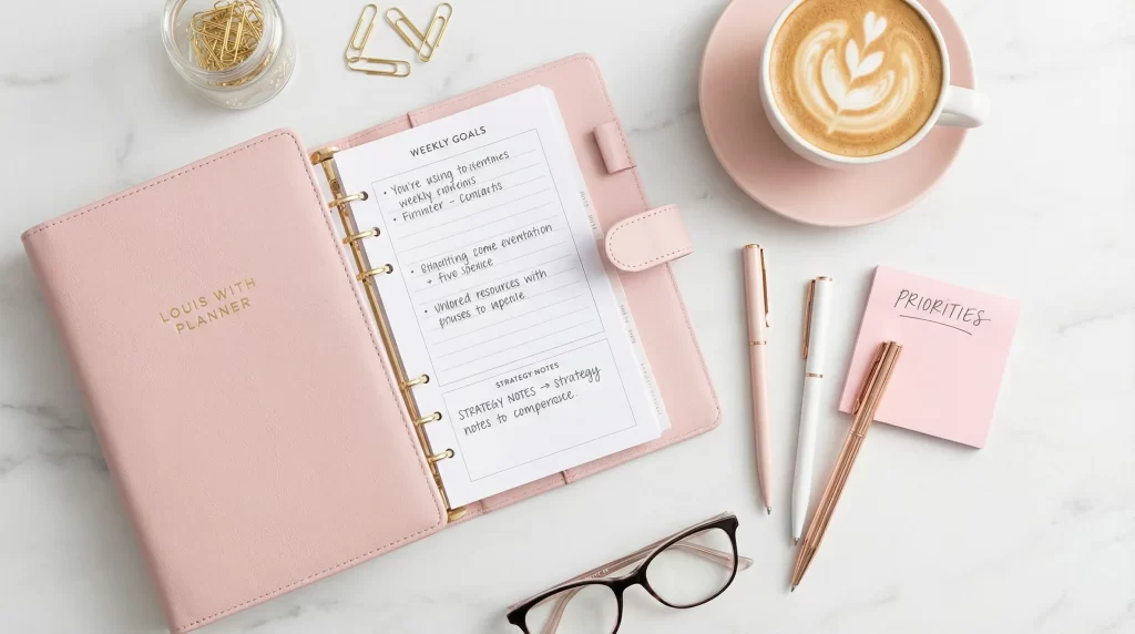 おしゃれな手帳とペン、コーヒーカップを並べたフラットレイ構図