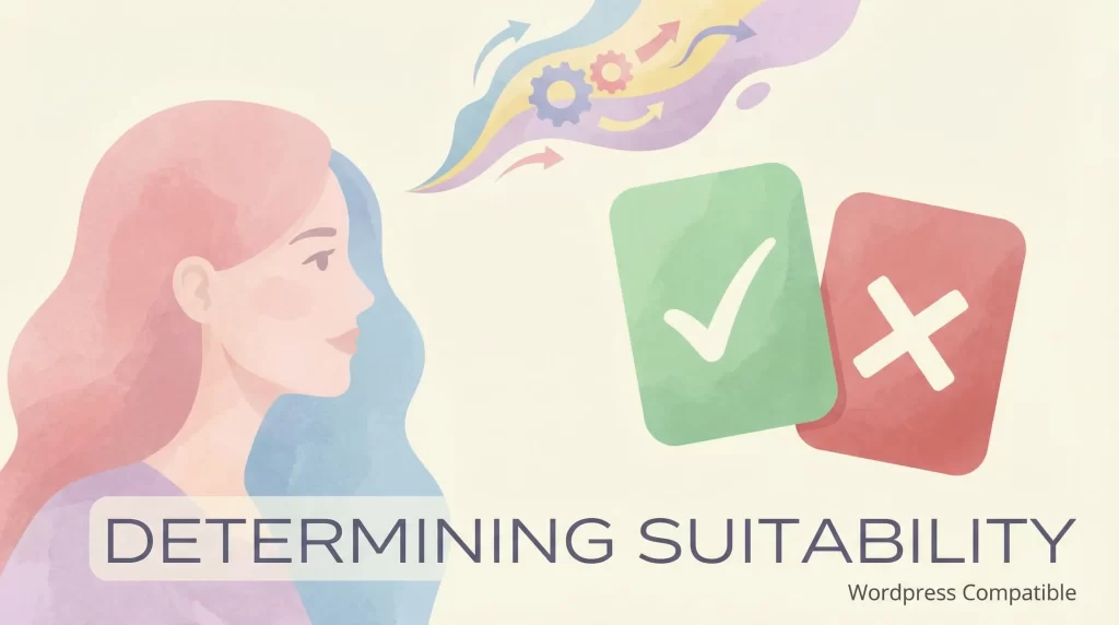 自分に合うかどうかを判断するイラスト。チェックマークと×マークの2つのカードを前に考える女性のシルエット。