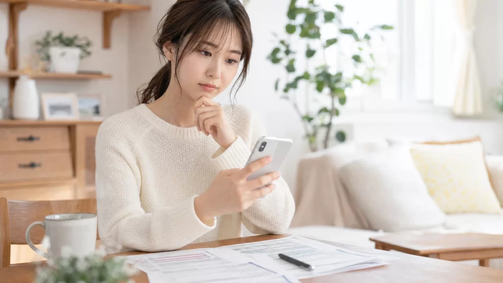 確定申告書類を前にスマートフォンを見ながら考え込む20代女性。明るいリビングで温かみのある自然光、白系のニットを着用、書類は手前にぼかして配置。