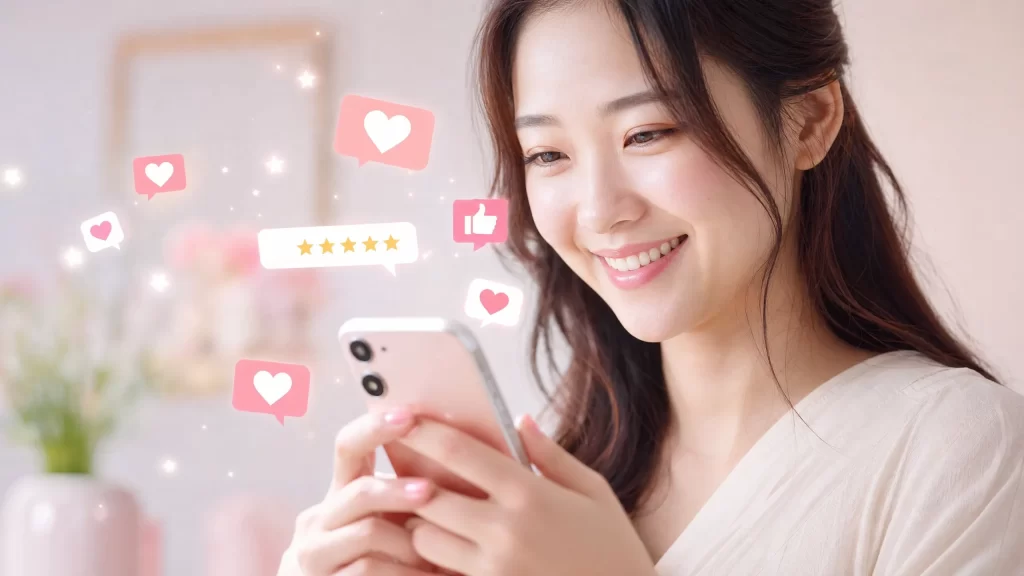 スマートフォンを持って微笑む若い女性の手元を、淡いピンクとアイボリーの背景で撮影したイメージ。