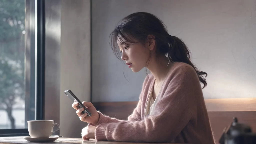 ためらう表情でスマートフォンを見つめる女性の横顔と、傍らに置かれたコーヒーカップ。