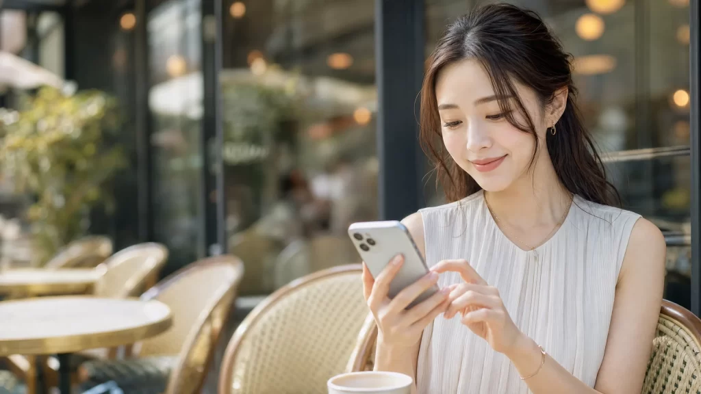 20代後半の女性がスマホでアプリを操作している様子。