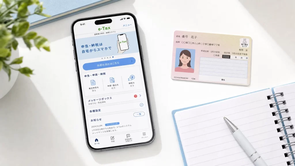スマートフォンとマイナンバーカード、ノートが並んだデスク俯瞰写真
