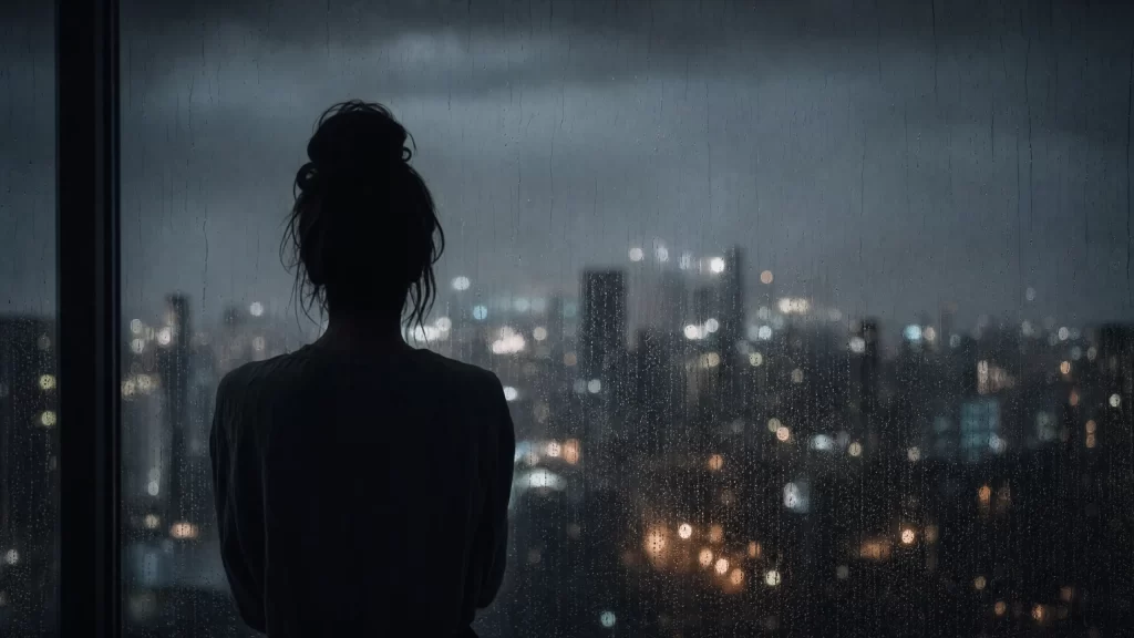 雨の窓ガラス越しに薄暗い夜景を眺める女性の後ろ姿シルエット