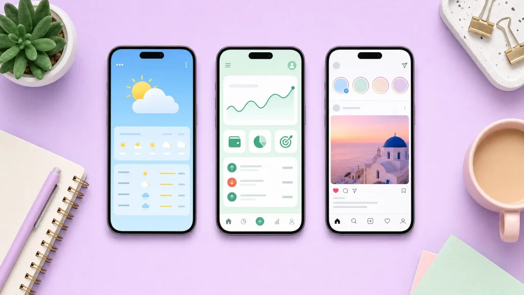 3つのスマートフォンが横一列に並び、それぞれ違うアプリの画面を表示している俯瞰ショット。