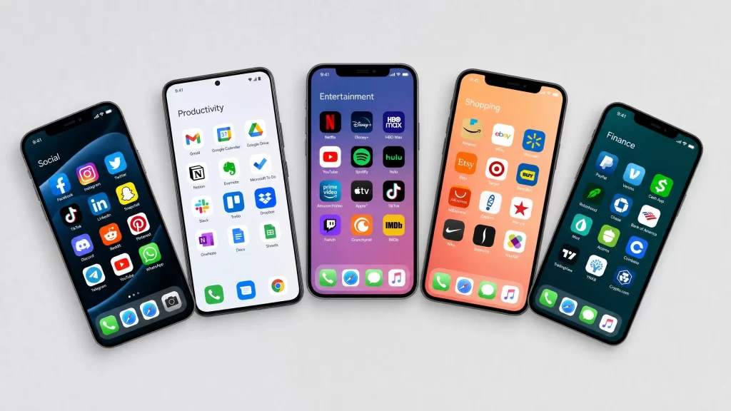 5本のスマートフォンが扇状に並び、それぞれ異なるアプリのアイコンが画面に表示されている俯瞰図。