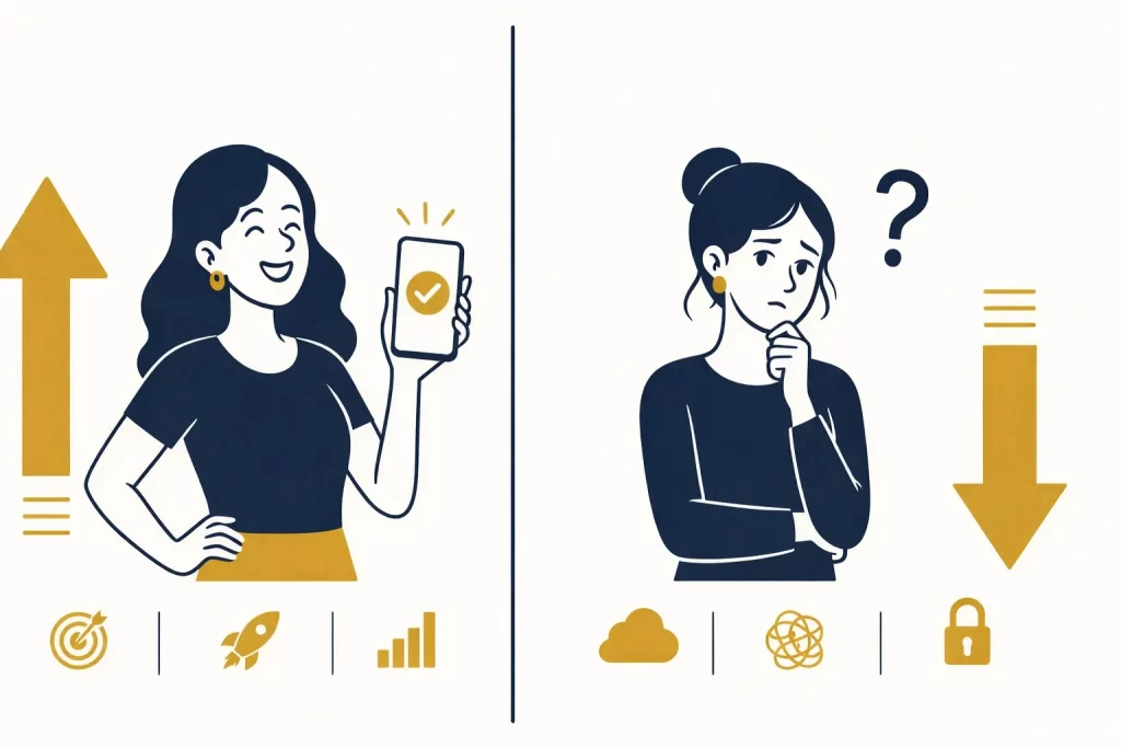 二人の女性のイラスト風シルエット。一人は明るい表情でスマホを使い、もう一人は考えこんでいる様子。