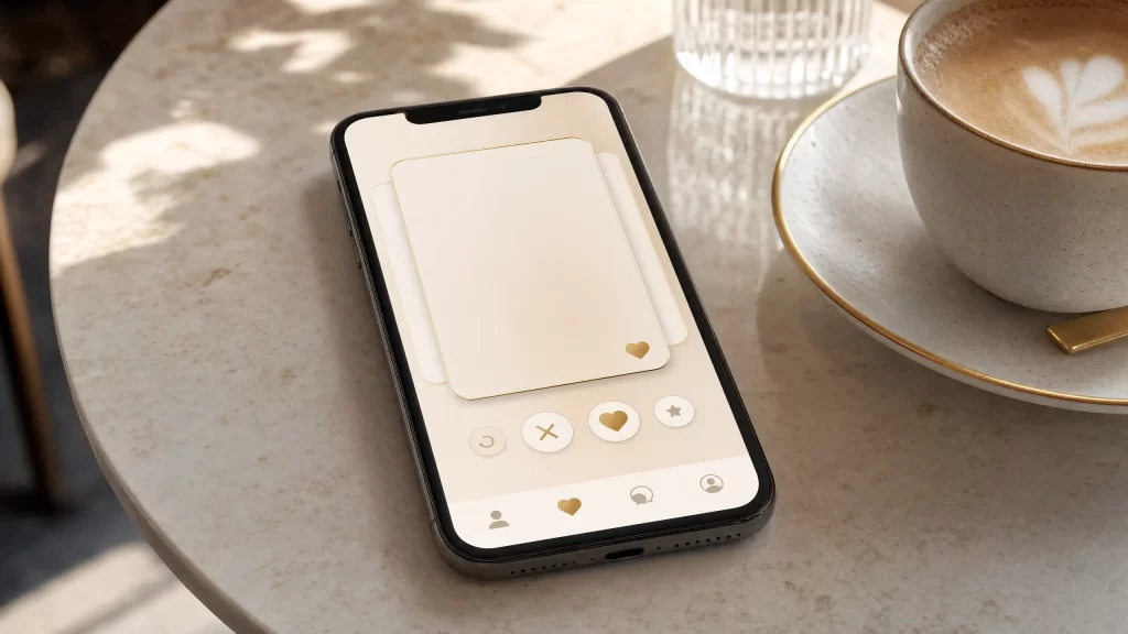 スマートフォンの画面に上品なマッチングアプリのインターフェース、ベージュとロゴゴールドのアクセント、テーブルにはコーヒーカップ。