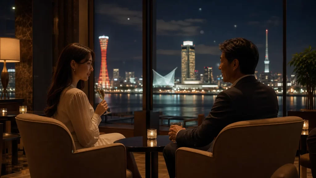 高級ホテルのラウンジでパパ活女性とパパが座って会話するシルエット。