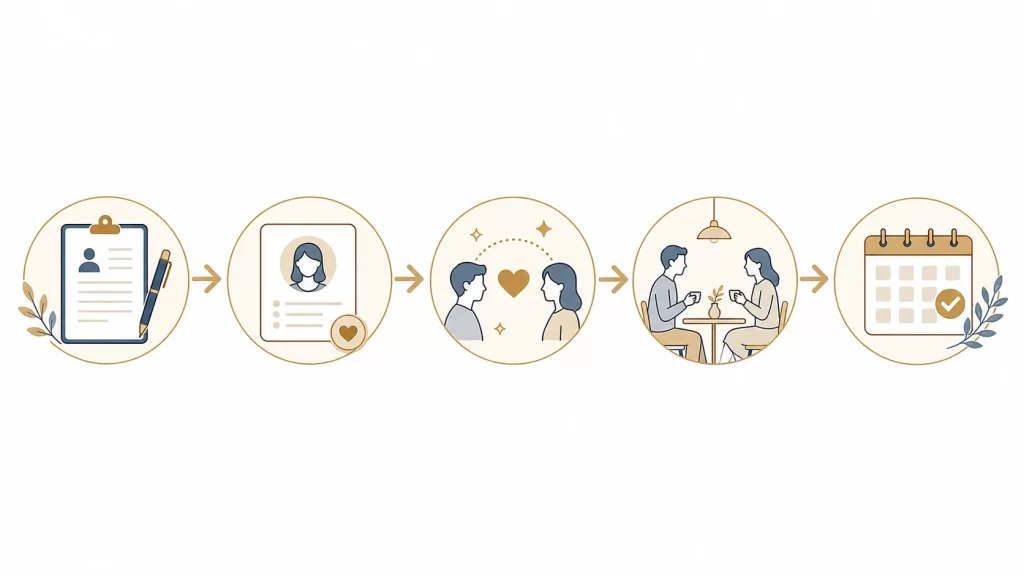 5つのステップを示すフローチャート風イラスト。