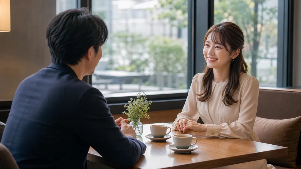 カフェのテーブルで、女性が笑顔でうなずきながら男性の話を聞いている横顔ショット。