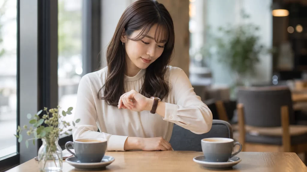 カフェで腕時計を確認しながら顔合わせの時間を意識する女性