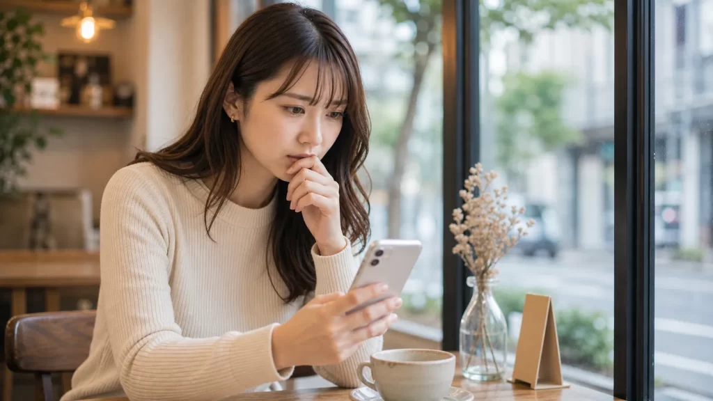 スマートフォンを手に持ち、LINE交換すべきか考え込む20代女性。