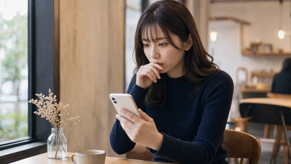 スマートフォンを手に、メッセージ画面を見つめながら考え込む20代女性。