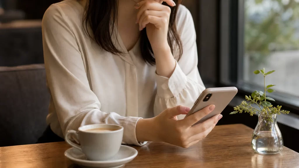 パパ活の顔合わせ後にスマートフォンで断りメッセージを考える女性のイメージ