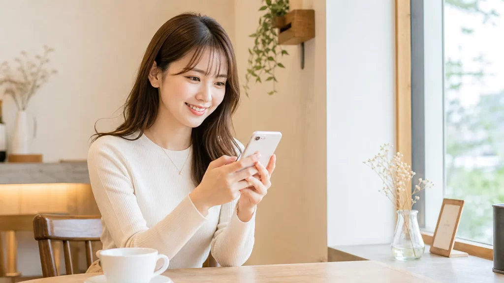 スマートフォンを見ながらカフェで微笑む20代女性。