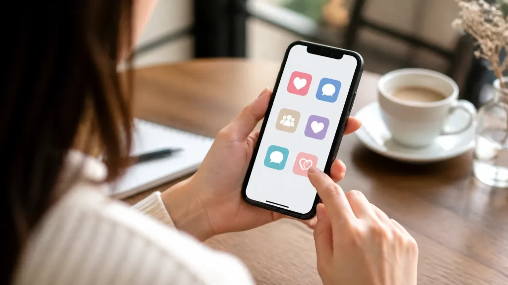 複数のマッチングアプリのアイコンが並ぶスマートフォン画面を比較検討する女性の手元。